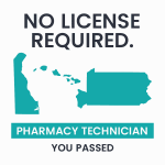 A clean, modern graphic featuring teal silhouettes of Delaware, Hawaii, and Pennsylvania centered on a white background. Above the map, bold dark gray text reads “NO LICENSE REQUIRED.” Below, a teal banner stretches across the bottom with the words “PHARMACY TECHNICIAN” in white uppercase letters. The design is flat and minimal, using teal, white, and gray to convey clarity and opportunity.